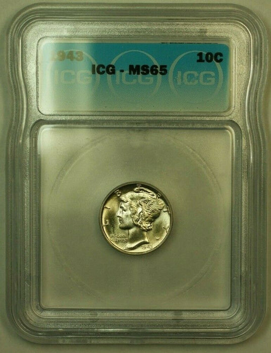 1943 Silver Mercury Dime 10c Coin ICG MS-65 DD Nearly Full Bands