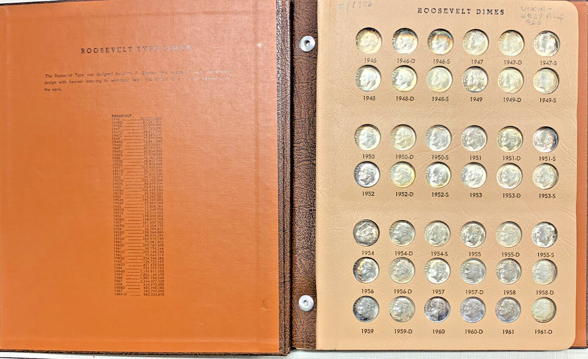 1946-1976 Roosevelt Dime Toned BU/UNC Set-Silver & Clad-Dansco Coin Album (R)