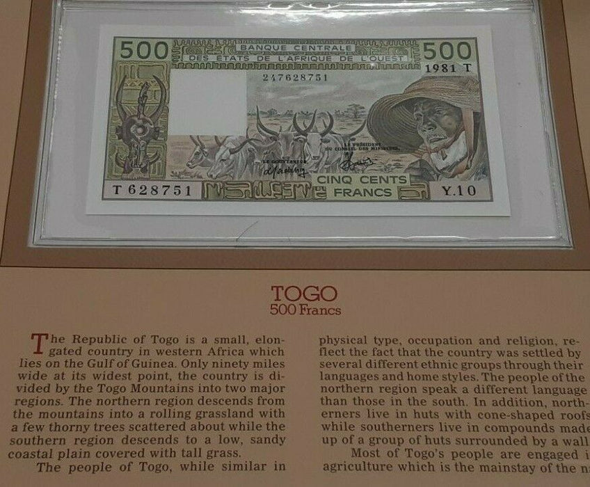 Fleetwood 1981 Togo 500 Francs Note Crisp Uncirculated in Historic Info Card