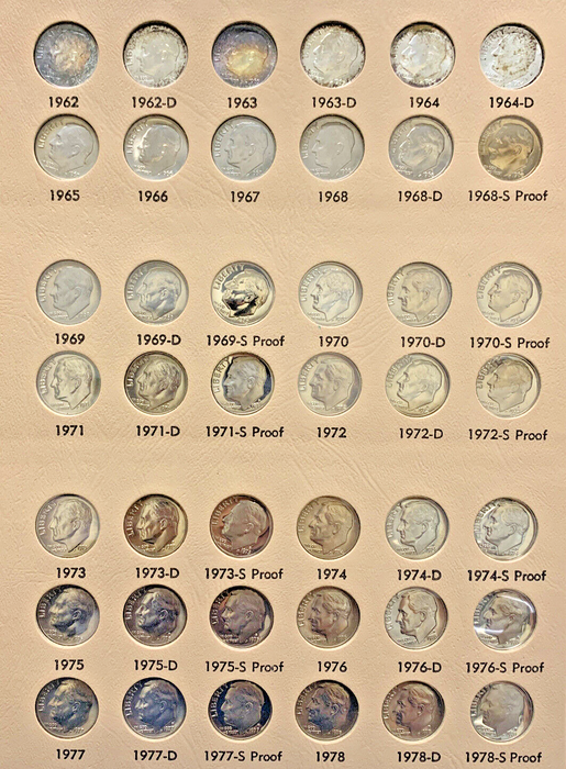 1946-1990 Roosevelt Dime Toned Silver/Clad & Proof UNC Set-Dansco Coin Album (S)