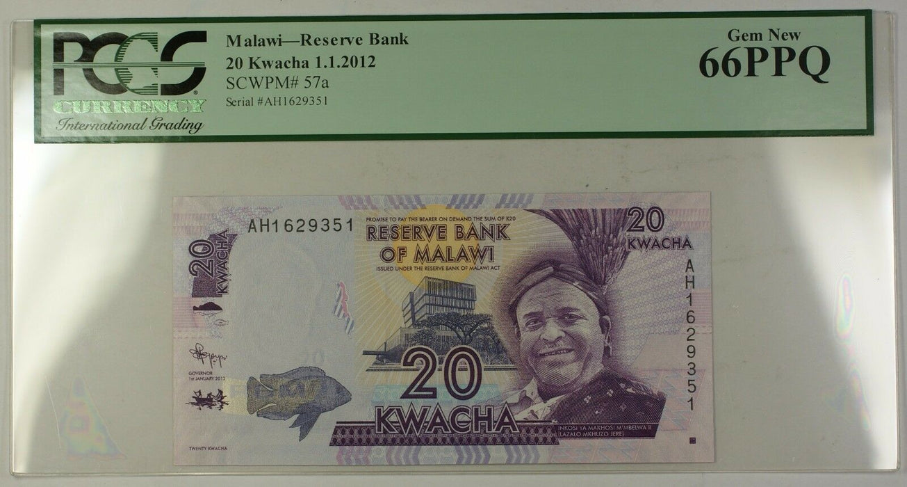 1.1.2012 Malawi 20 Kwacha Reserve Bank Note SCWPM# 57a PCGS GEM New 66 PPQ