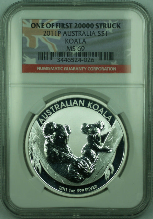 2011-P Australia Silver Dollar 1 Oz Koala $1 Coin NGC MS-69 "First 20,000" (A)