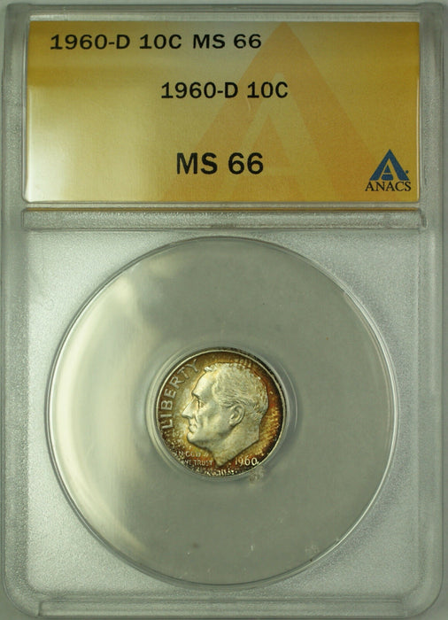 1960-D Silver Roosevelt Dime 10c ANACS MS 66 Toned