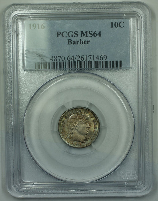 1916 Barber Silver Dime, PCGS MS-64, Nicely Toned