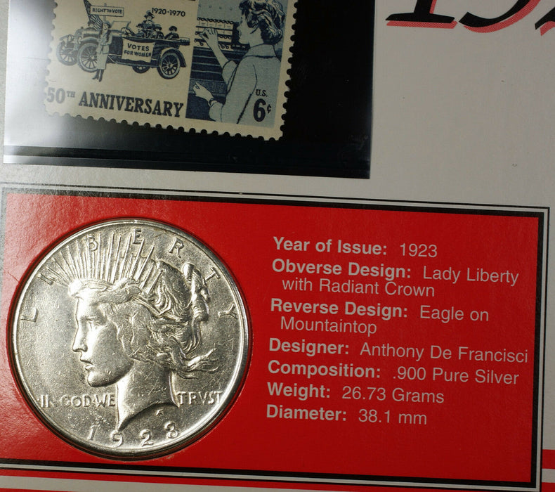 1923-S Peace Silver Dollar Circulated Coin 6 Cent Suffrage Stamp & Fact Sheet
