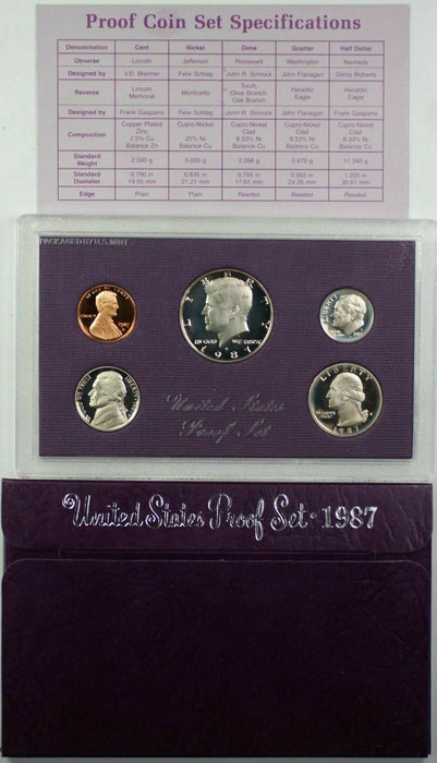 1987 US Mint Clad Gem Proof Set 5 Coins with Original Mint Box and COA