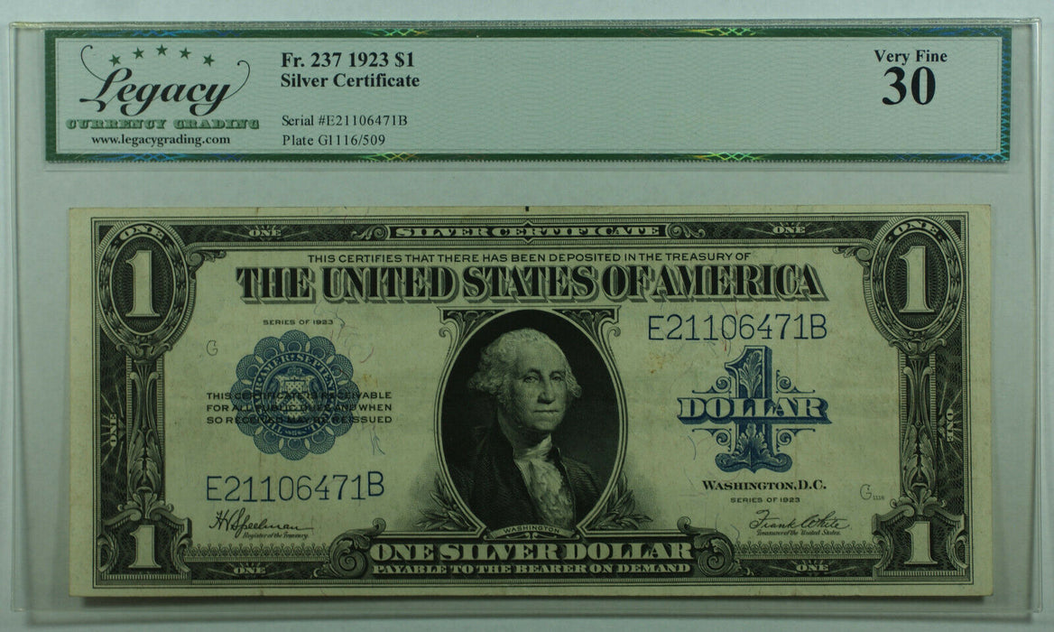 1923 One Dollar Silver Certificate Large Note $1 Fr. 237 Legacy VF-30 Better (B)