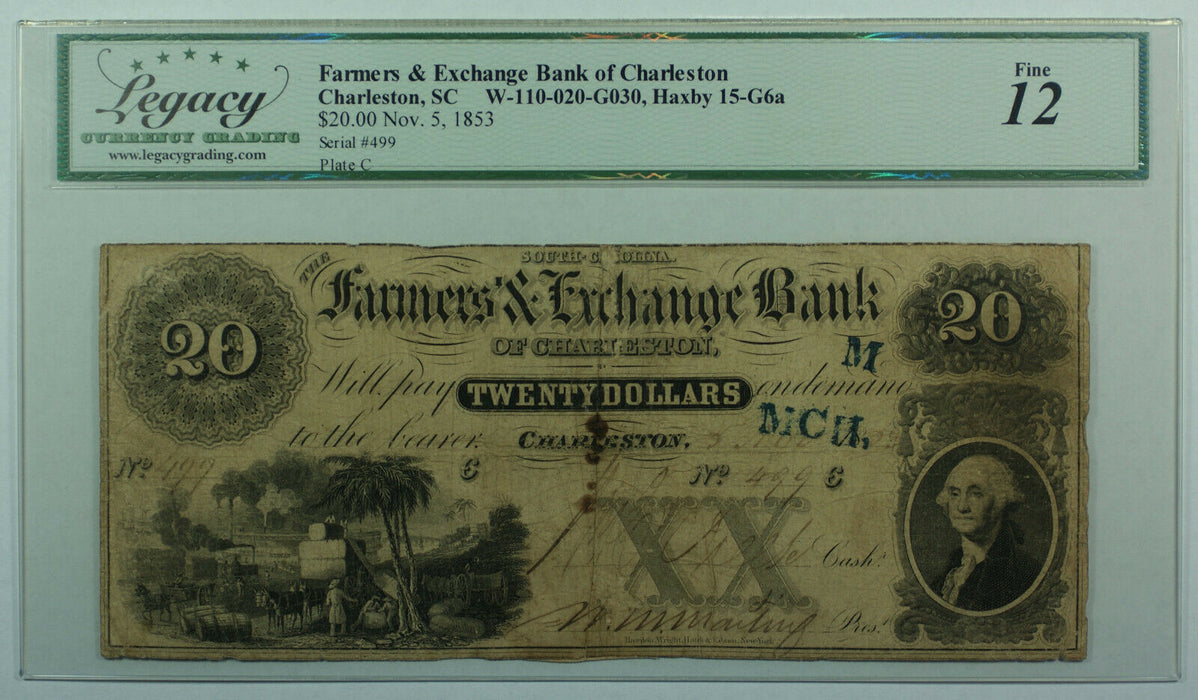 1853 $20 Twenty Dollar Bill Farmers Exchange Bank Charleston SC Legacy F-12