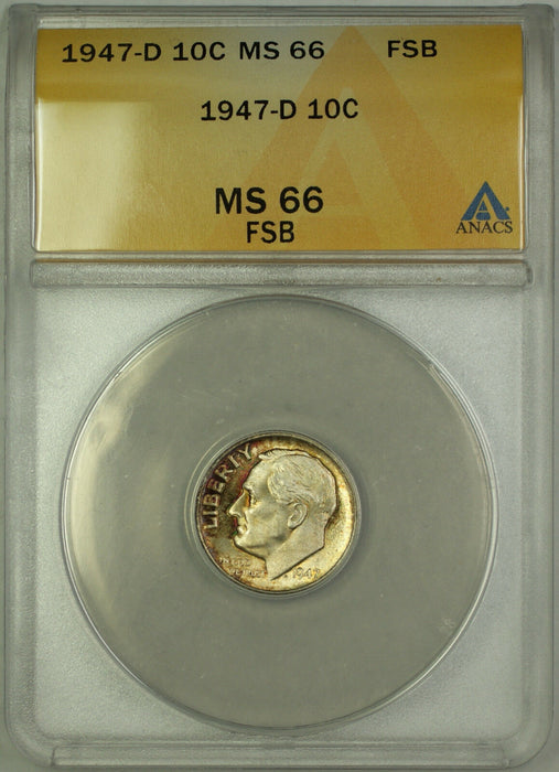 1947-D Silver Roosevelt Dime 10c ANACS MS 66 FSB Toned
