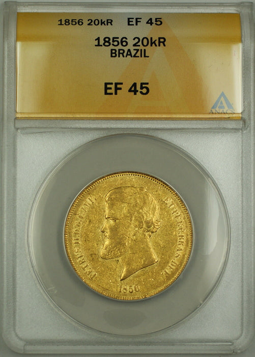 1856 Brazil 20,000 Reis Gold Coin ANACS EF-45
