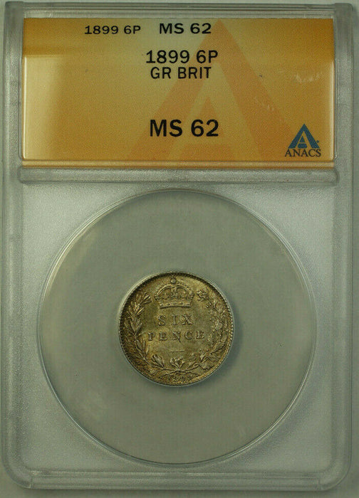 1899 Great Britain Silver 6 Pence Coin Queen Victoria ANACS MS 62