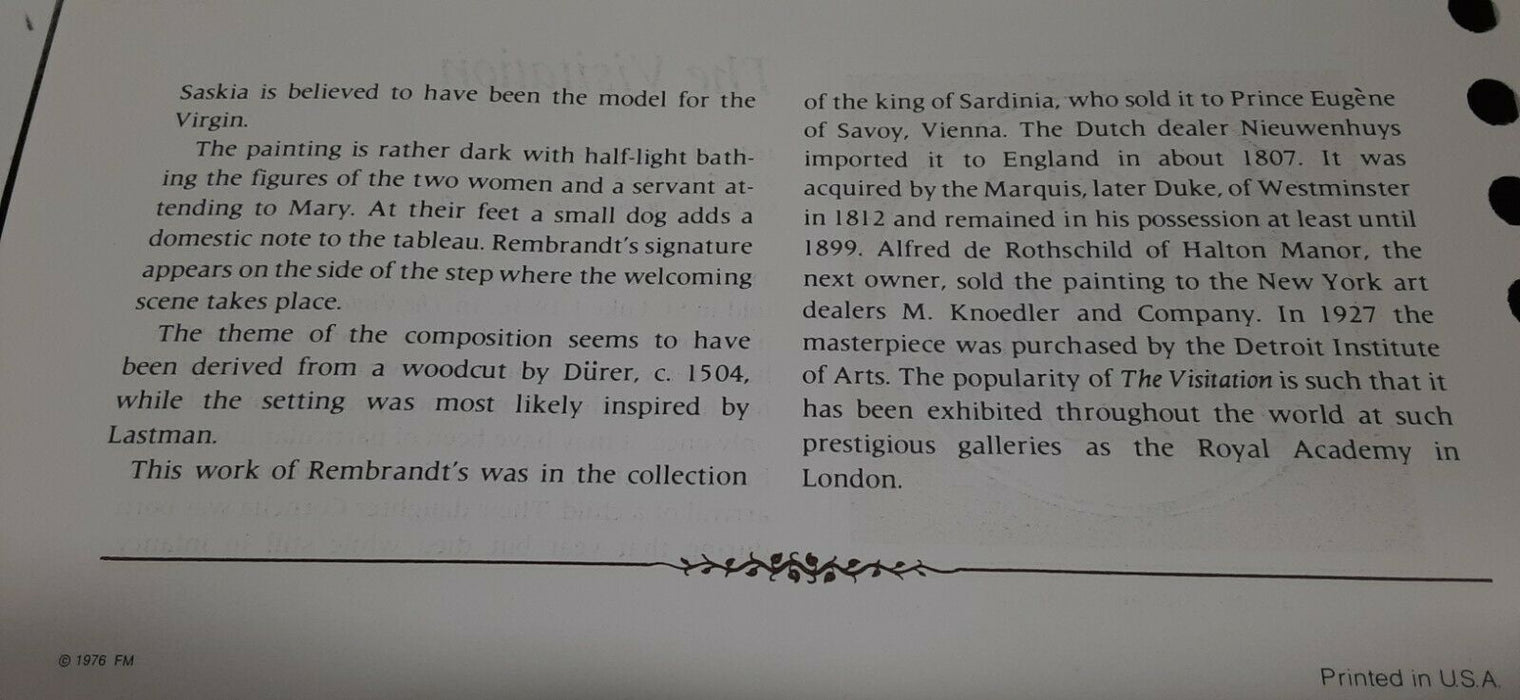 Franklin Mint Genius/Rembrandt PR .925 Silver Medal-The Visitation in Card
