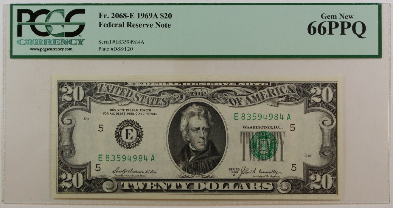 1969-A $20 FRN *E-A* Note, PCGS Gem 66 PPQ, Fr. 2068-E, Federal Reserve