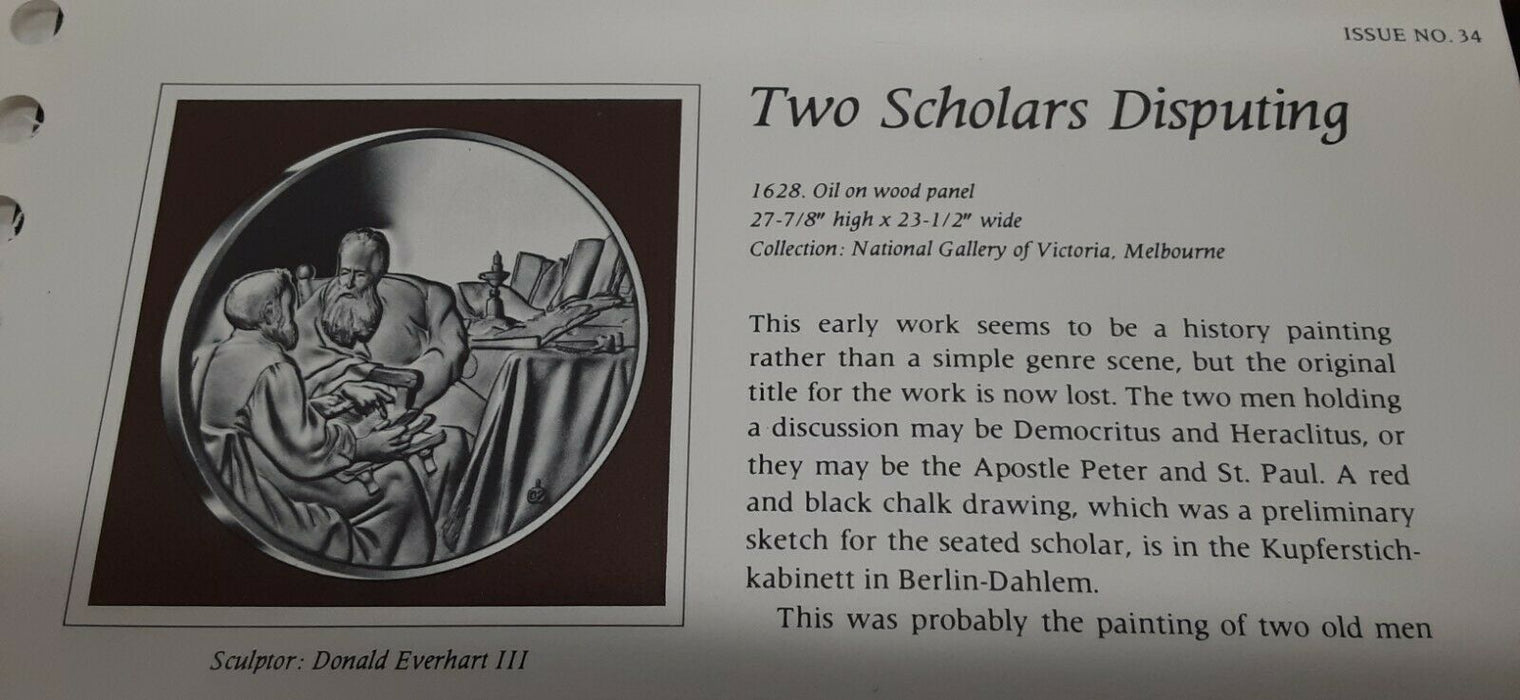 Franklin Mint Genius/Rembrandt PR .925 Silver Medal-Scholars Disputing in Card