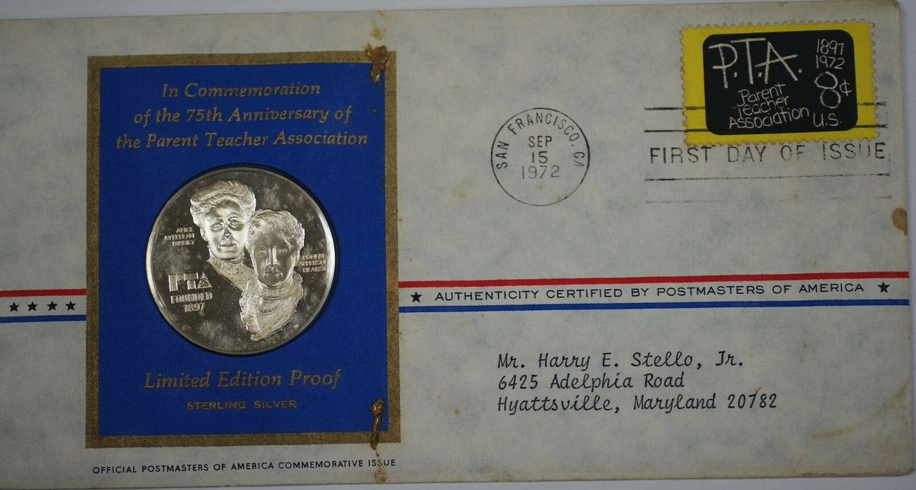 1972 75th Anniversary of PTA Commemorative Medal Proof Silver First Day Cover