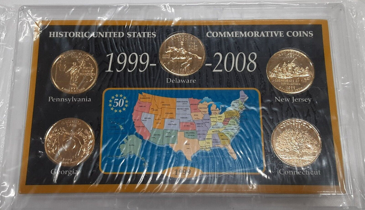 1999 Statehood Quarters Gold Plated Set - 5 Coins Total in Case W/Map