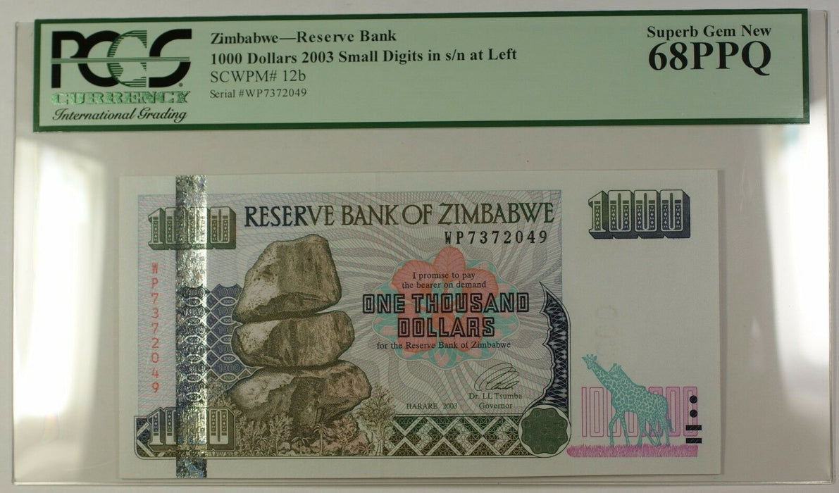 2003 Large Digits S/N at Left Zimbabwe $1000 Note SCWPM# 12b PCGS Gem New 68 PPQ