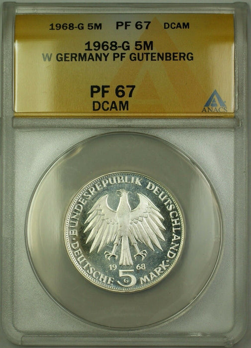 1968-G West Germany Silver 5M Coin Gutenberg ANACS PF-67 Deep Cameo GEM Proof