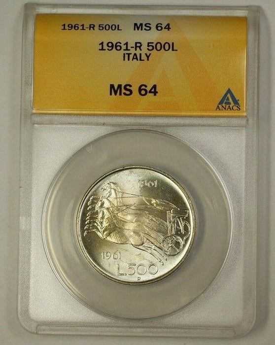 1961-R Italy Silver 500 Lire Coin 500L ANACS MS-64 Very Choice