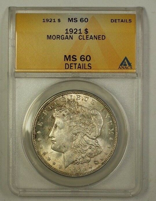 1921 US Morgan Silver Dollar $1 Coin ANACS MS-60 Details Cleaned (1)