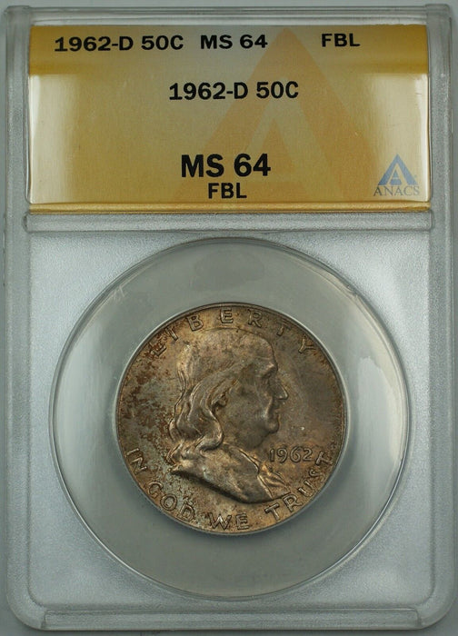 1962-D Franklin Silver Half Dollar 50c Coin ANACS MS-64 FBL Toned GK