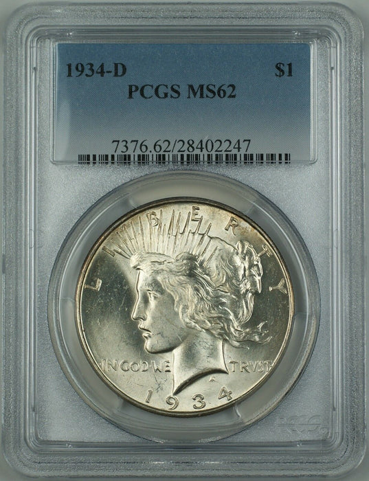 1934-D Silver Peace Dollar Coin $1 PCGS MS-62 (Better Coin) DMK
