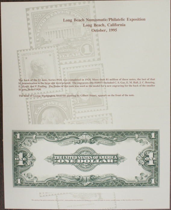 BEP 1995 B-200 Long Beach 1923 $1 Silver Certificate Legal Tender Back