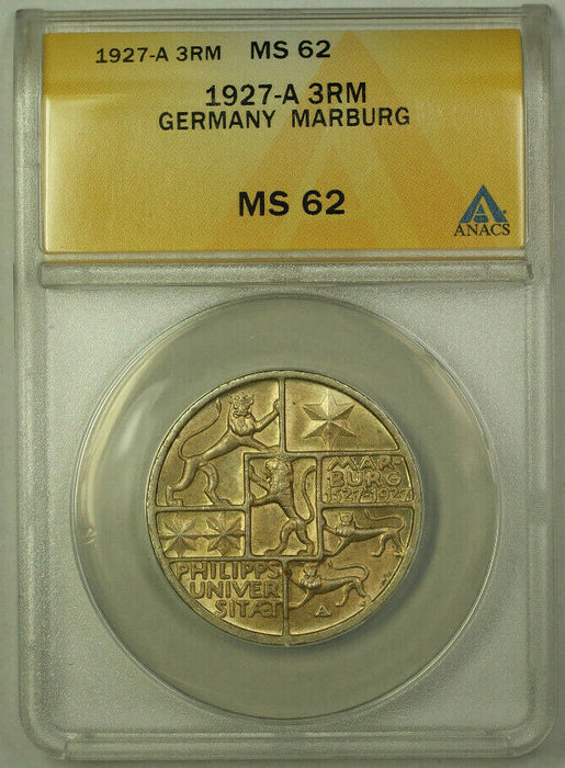 1927-A Germany Marburg Silver 3 Reichs Mark ANACS MS-62 Toned