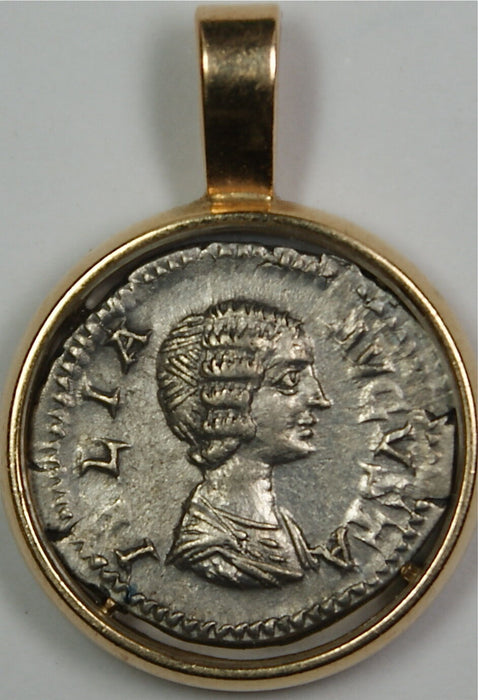 Julia Domna Ancient Silver Coin, in 14K Gold Bezel Covered by Glass