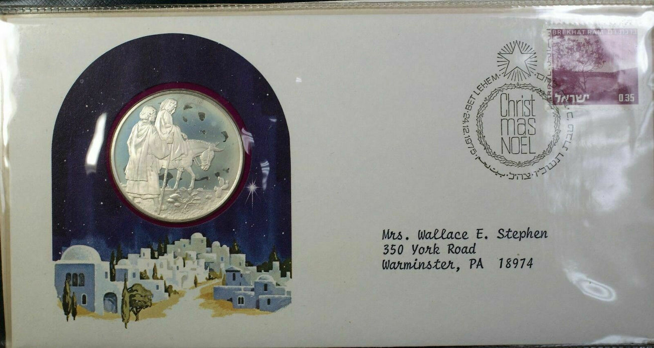 1975 Christmas in Bethlehem Sterling Silver Proof Medal 0.9 Ozt First Day Cover