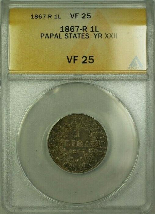1867-R Papal States Year XXII 1 Lira Coin ANACS VF 25
