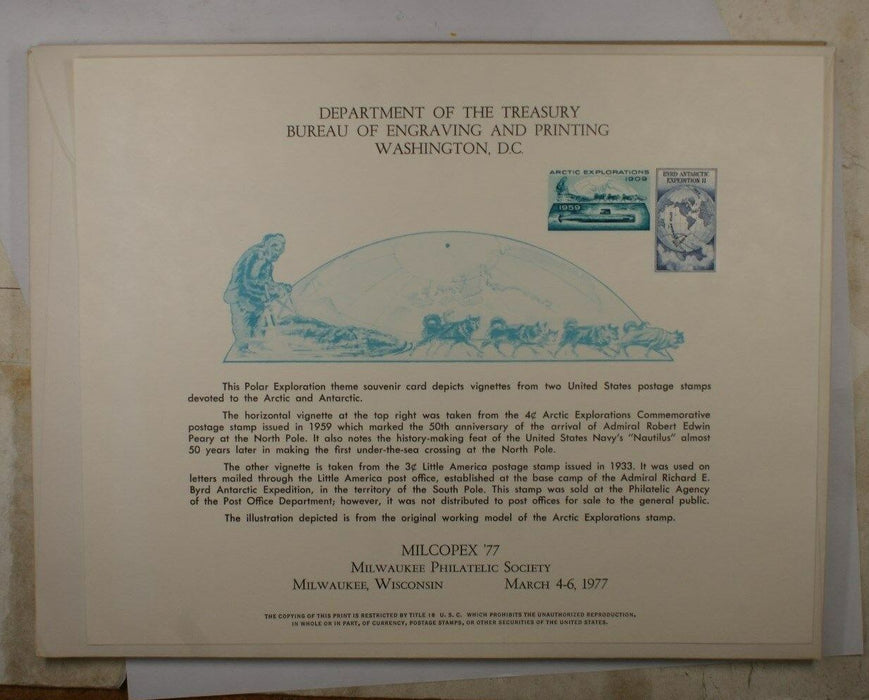 BEP souvenir card B 39 Milcopex 1977 3¢ Byrd and 4¢ Arctic stamps