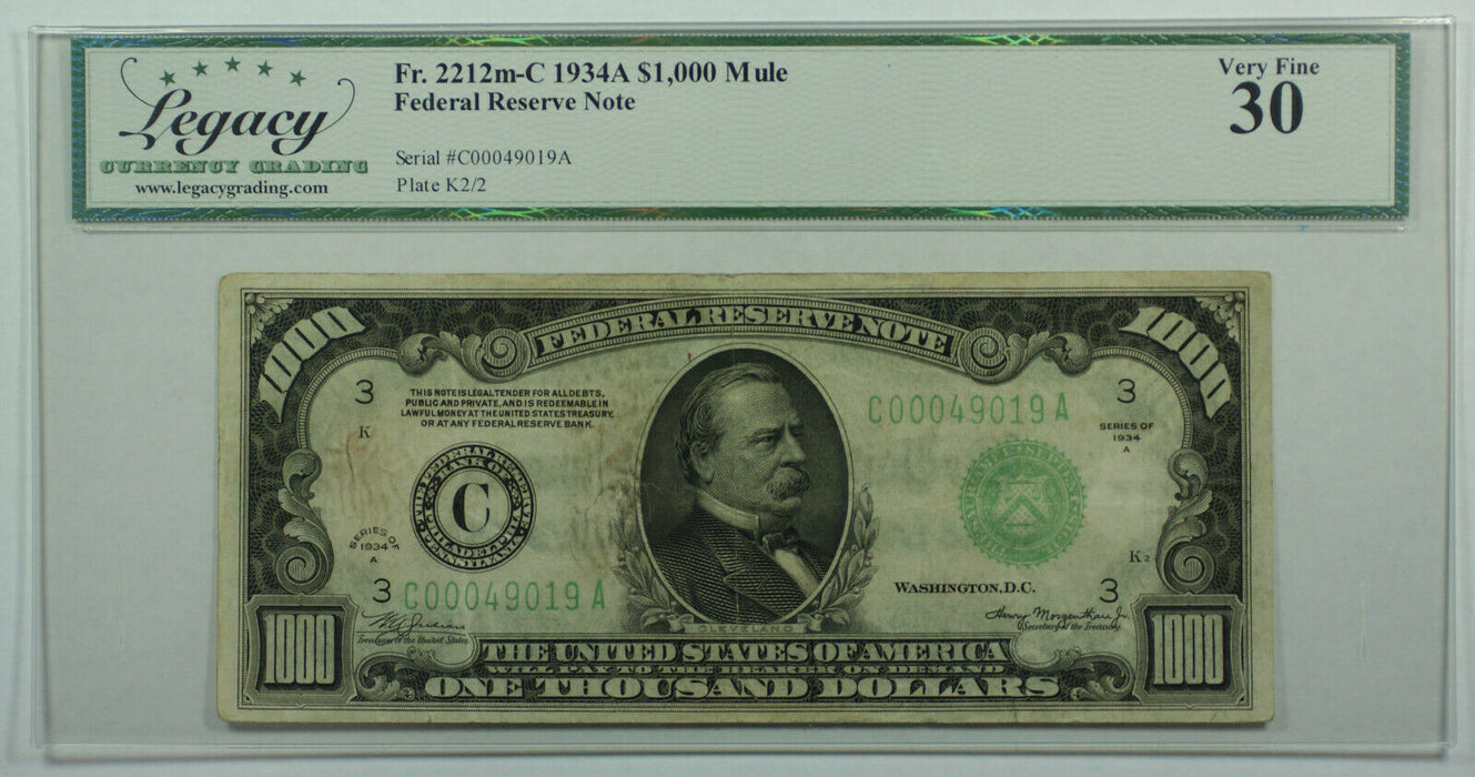 1934-A One Thousand Dollar Bill $1000 Mule FRN Fr. 2212m-C Legacy VF-30