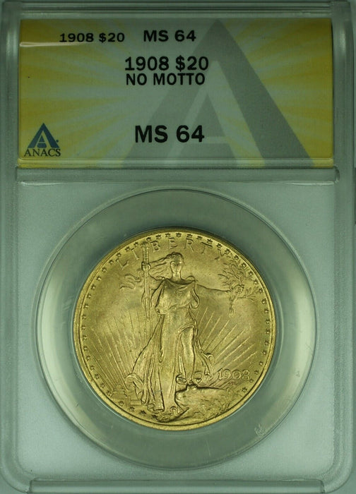 1908 No Motto St. Gaudens $20 Double Eagle Gold Coin ANACS MS-64