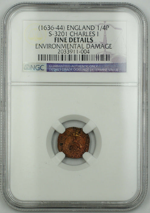 1636-44 England 1/4P Farthing Copper Coin S-3201 Charles I Fine Dtls Env Dmg AKR