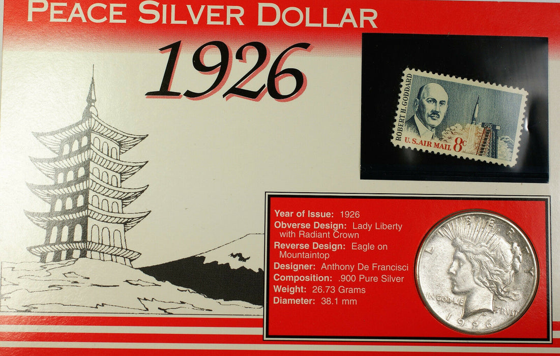 1926-S Peace Silver Dollar Circulated Coin 8 Cent Goddard Stamp & Fact Sheet