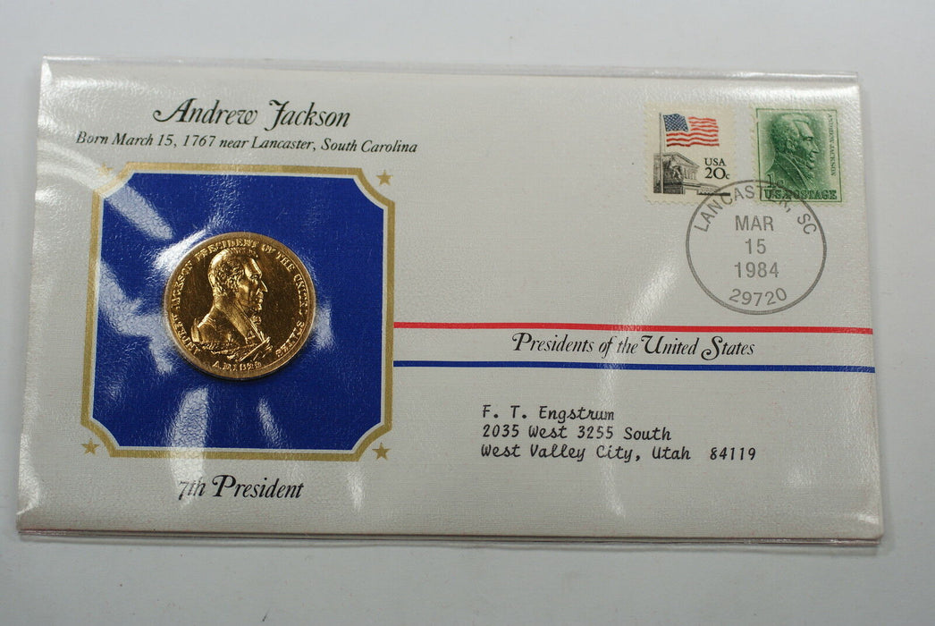 Andrew Jackson Presidential Medal 24 KT Electroplate Gold & Stamps Cover