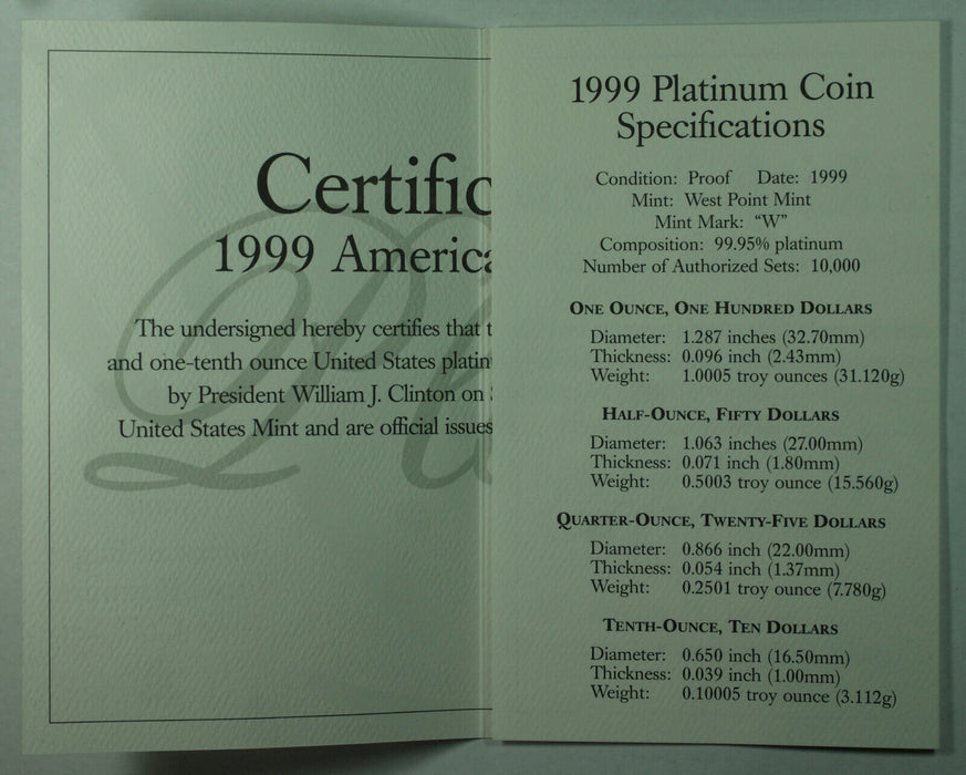 1999 American Eagle Platinum Proof 4 Coin Set in Box w/ COA