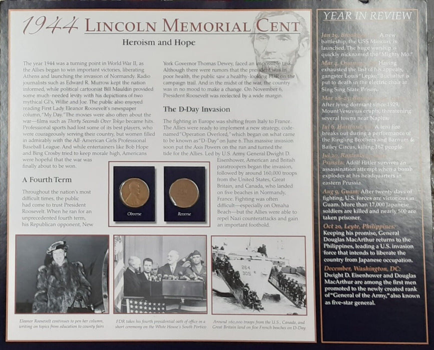 1944 Lincoln Cent / The Years Historic Events on Informative Card - See Photos