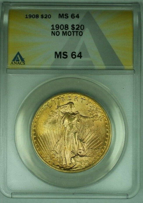1908 No Motto St. Gaudens $20 Double Eagle Gold Coin ANACS MS-64   (B)