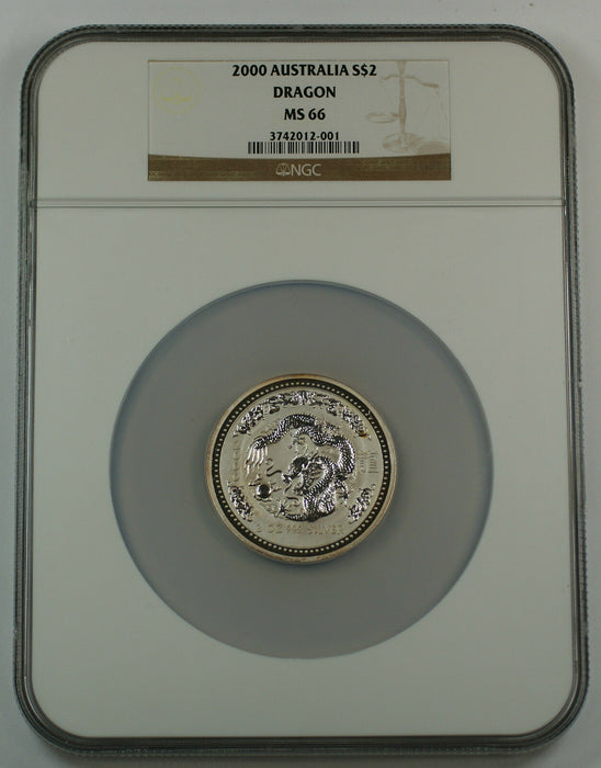 2000 Australia 2 Oz 999 Silver $2 Dragon Coin NGC MS-66 Large Slab