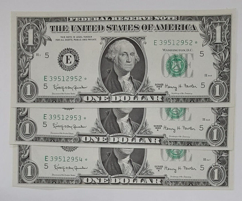 1963-A $1 Federal Reserve *STAR* Notes- Lot of 3 Consecutive Serial Numbers- CU