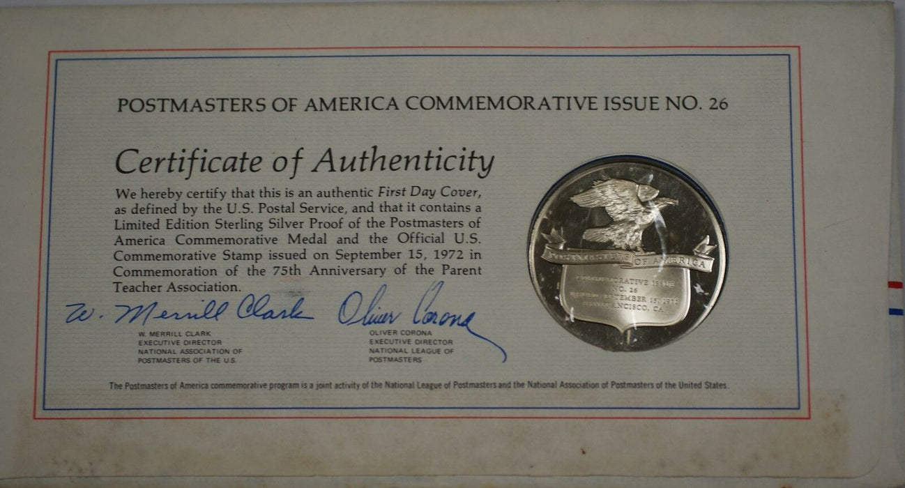 1972 75th Anniversary of PTA Commemorative Medal Proof Silver First Day Cover