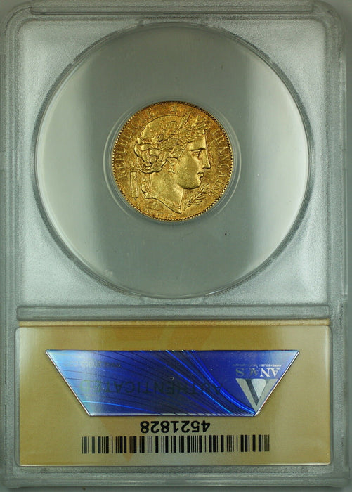 1850-A France 20 Fr Francs Gold Coin ANACS AU-53