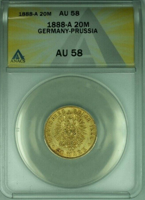 1888-A Germany-Prussia 20M Mark Gold Coin ANACS AU-58