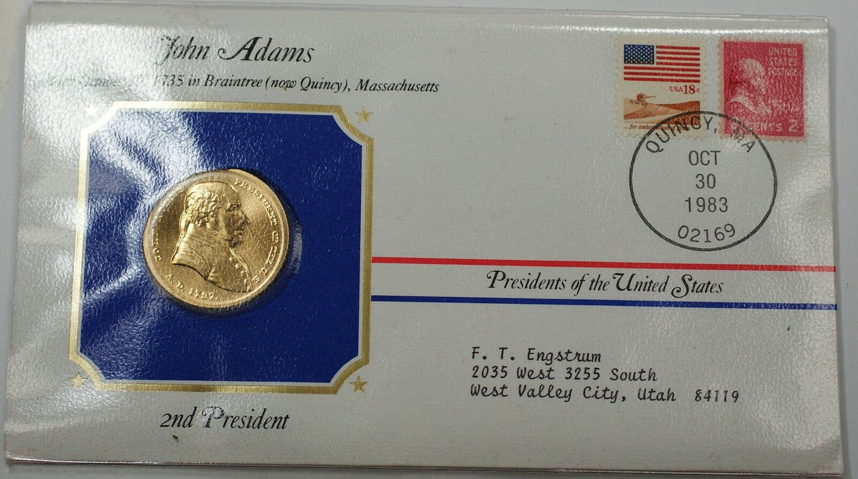 John Adams Presidential Medal 24 KT Electroplate Gold & Stamps Cover