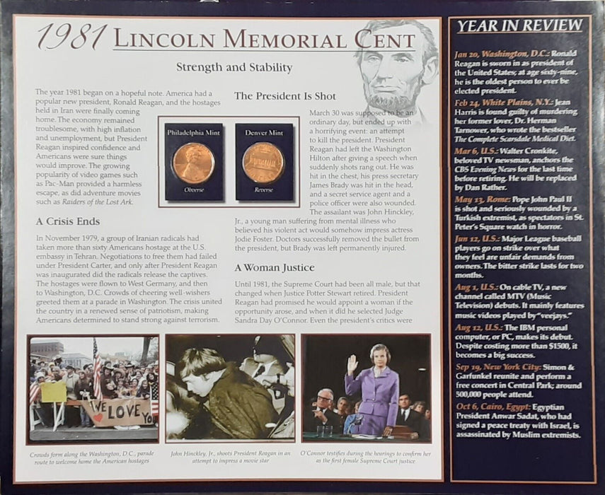 1981 Lincoln Cent / The Years Historic Events on Informative Card - See Photos