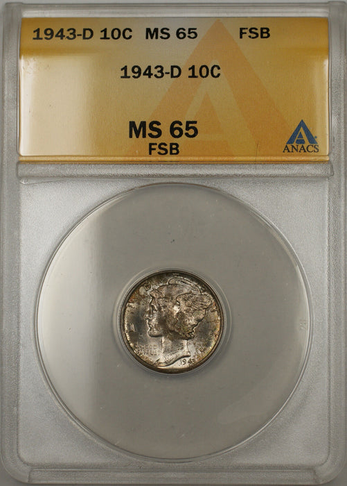 1943-D Mercury Dime 10C ANACS MS-65 Full Split Bands (Proof Like Obverse 11 C)