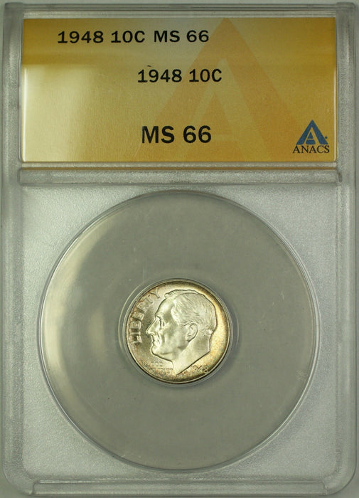 1948 Silver Roosevelt Dime 10c ANACS MS 66 Beautiful Reverse Toning