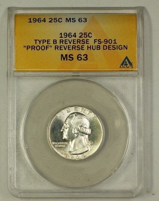 1964 Washington Silver Quarter Coin Type B Rev FS-901 ANACS MS-63 C